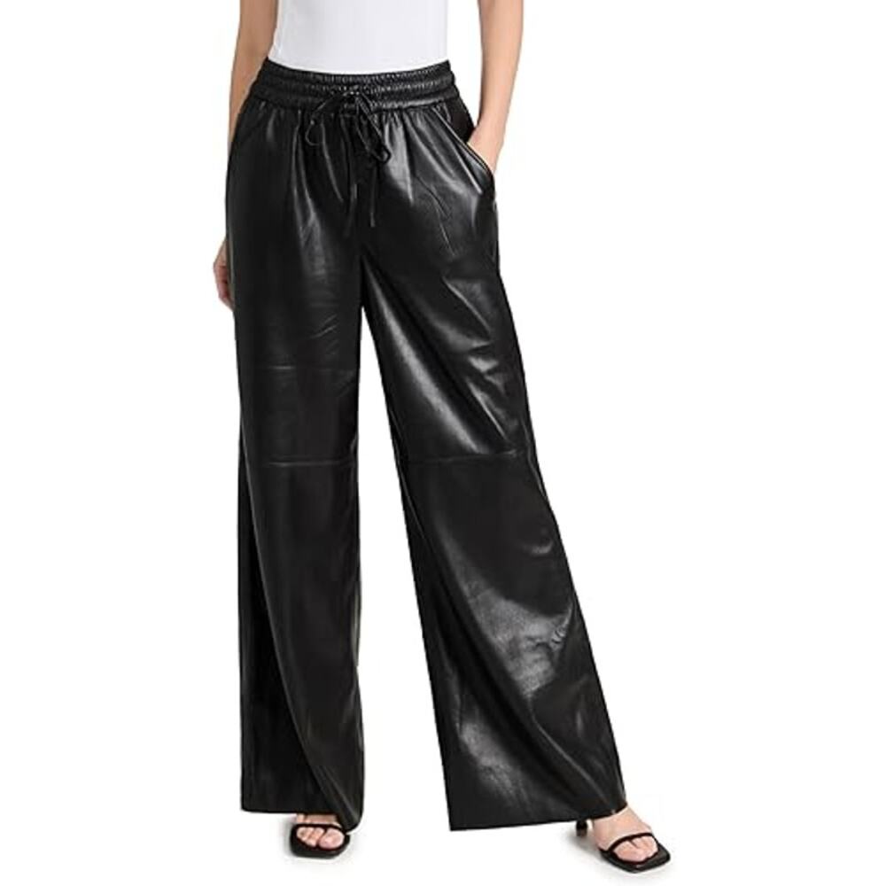 Good American Womens Sz 8 5X Wide Leg Faux Leather Pants Black Shiny Drawstring
